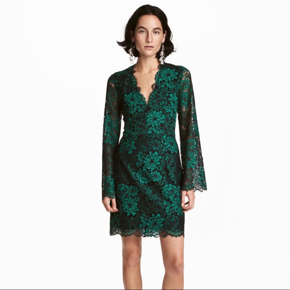 H&M Green and black lace bell-sleeve dress